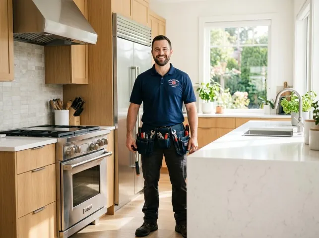 Appliance Repair Hero technician in a Bridport, VT kitchen after an appliance repair