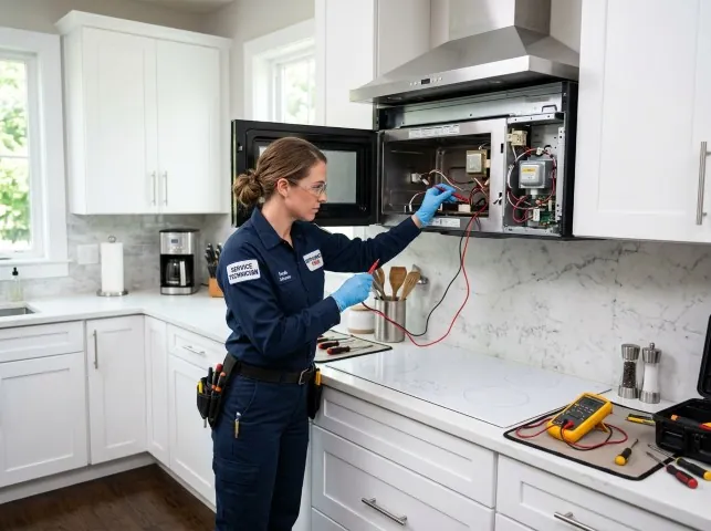 Appliance Repair Hero technician testing an over-the-range microwave in a Bridport, VT kitchen